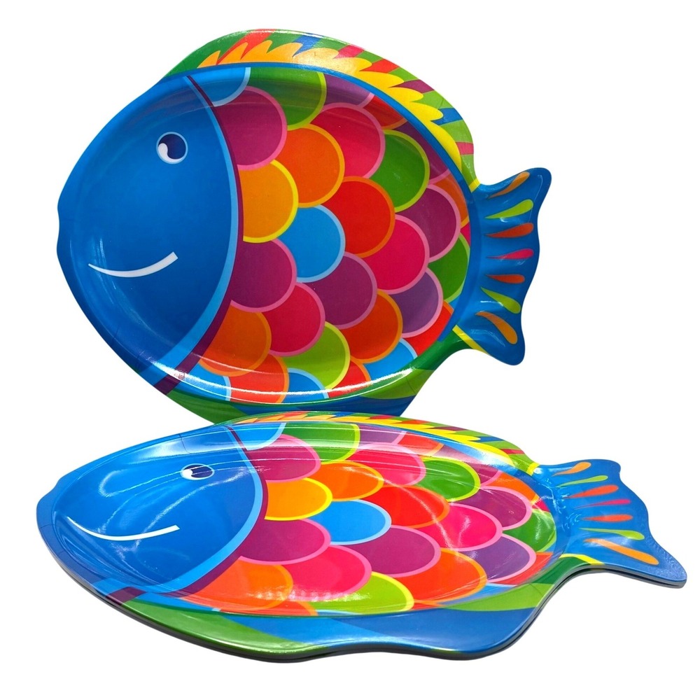 Melamine Fish Dinnerware Set 14pc Multicolor Tropical Coastal Plates and Bowls